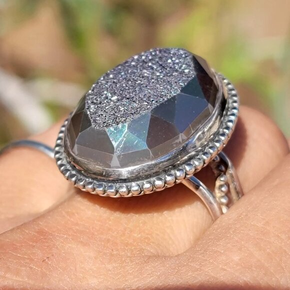 Designer Colleen Lopez purple flashy druzy 925 sterling silver heavy ring adjust - Picture 13 of 16